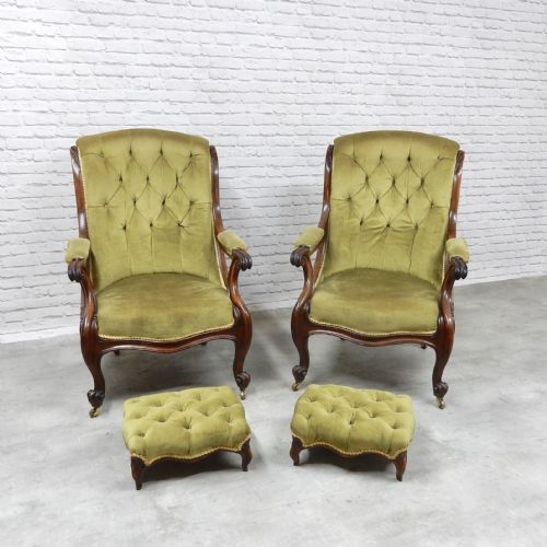 Pair Victorian Armchairs and Stools
