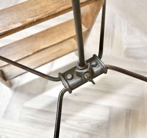 A vintage pine A-frame step ladder featuring wooden treads, iron side braces, and a top platform. View VI