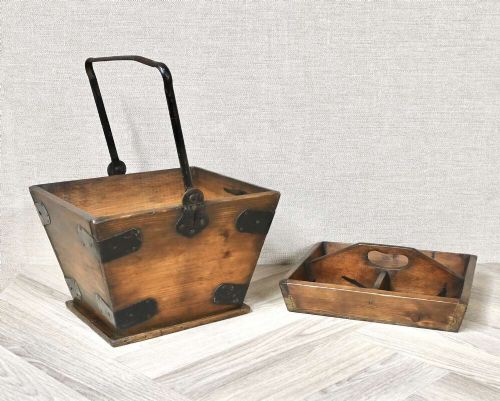 A tapered rectangular wooden housekeepers bucket with iron corner brackets, internal dividers, and a tall metal swing handle. View II