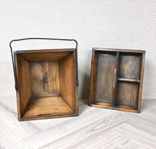 A tapered rectangular wooden housekeepers bucket with iron corner brackets, internal dividers, and a tall metal swing handle. View IV