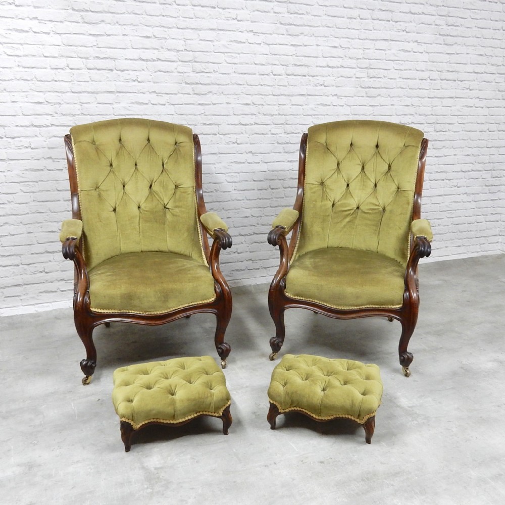 Pair Victorian Armchairs and Stools