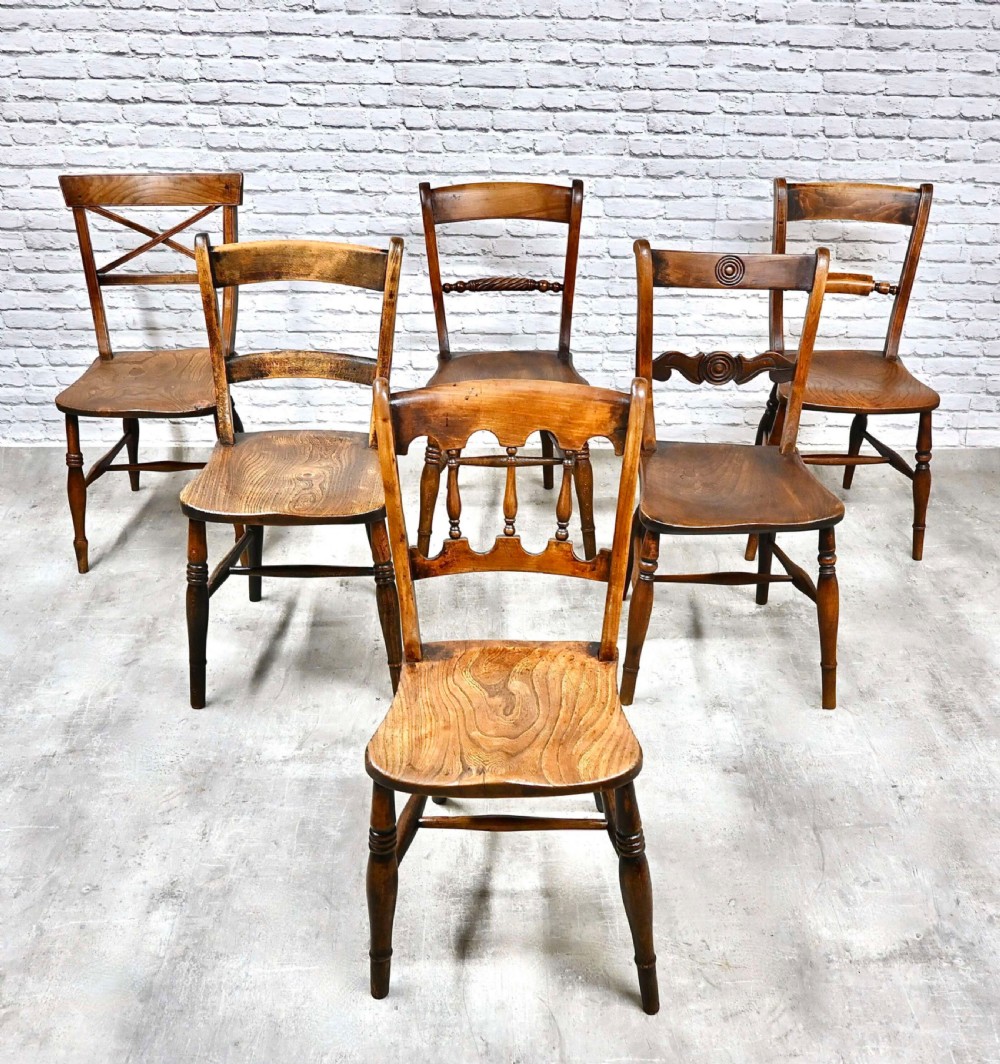 Harlequin Set 6 C19th Windsor Kitchen Dining Chairs