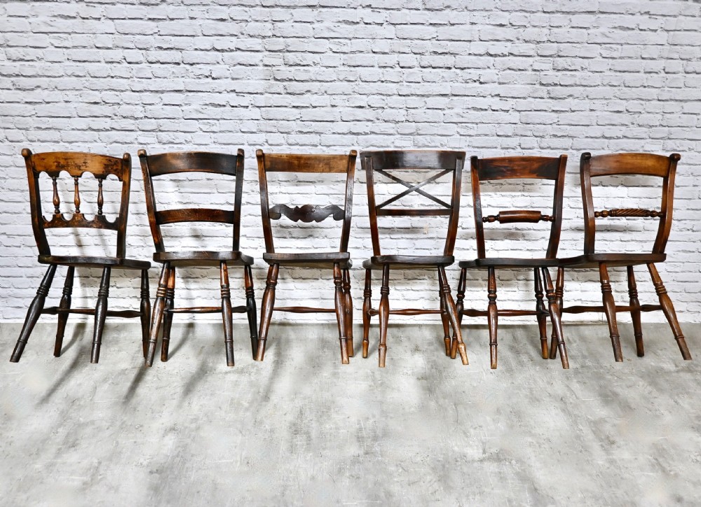 Harlequin Set 6 C19th Windsor Kitchen Dining Chairs View X