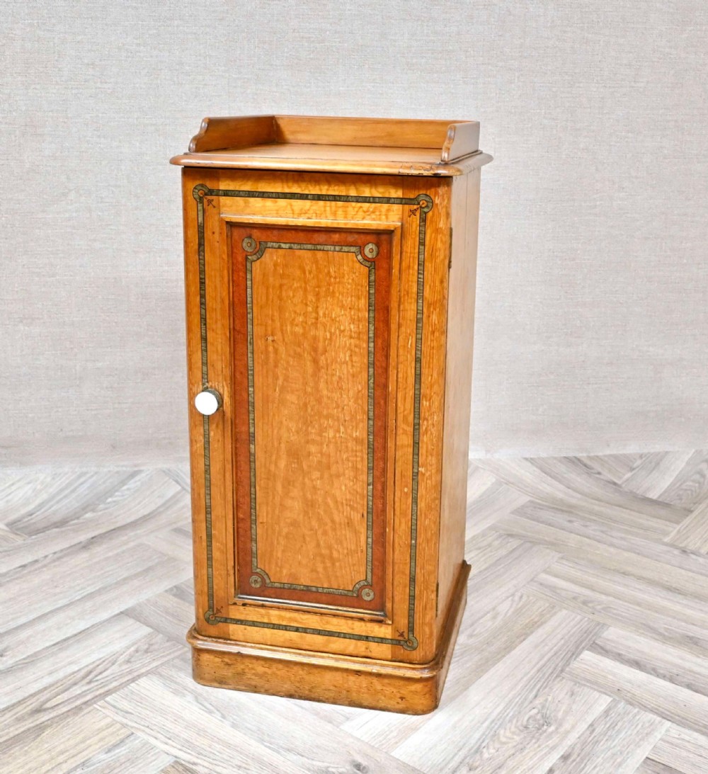 A nineteenth-century pine bedside cupboard featuring painted crossbanding detailing, a single panelled door with a white ceramic knob, and a gallered top. View VI