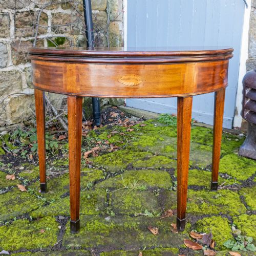 georgian demilune marquetry inlaid mahogany console foldover tea table c1790 - CATEGORY: ANTIQUE TABLES - DATED 18TH CENTURY