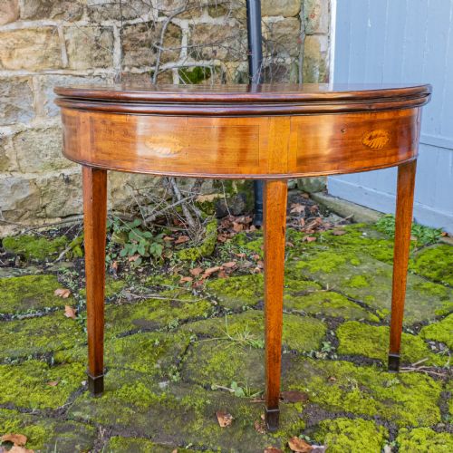 GEORGIAN DEMILUNE MARQUETRY INLAID MAHOGANY CONSOLE FOLDOVER TEA TABLE C1790 - ADDITIONAL PHOTO 1