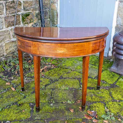 GEORGIAN DEMILUNE MARQUETRY INLAID MAHOGANY CONSOLE FOLDOVER TEA TABLE C1790 - ADDITIONAL PHOTO 2
