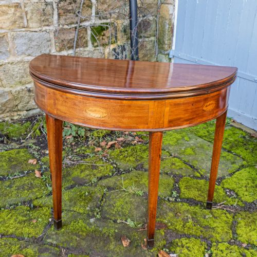 GEORGIAN DEMILUNE MARQUETRY INLAID MAHOGANY CONSOLE FOLDOVER TEA TABLE C1790 - ADDITIONAL PHOTO 3