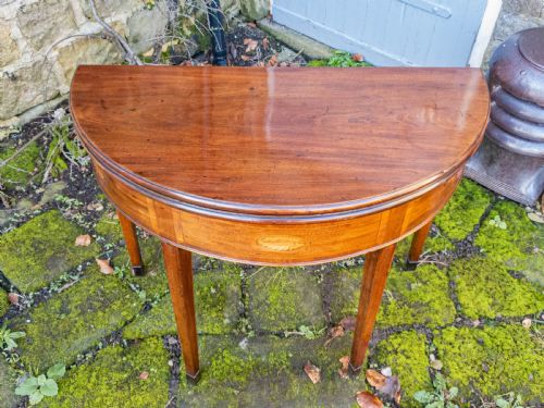 GEORGIAN DEMILUNE MARQUETRY INLAID MAHOGANY CONSOLE FOLDOVER TEA TABLE C1790 - ADDITIONAL PHOTO 4