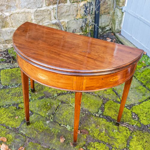GEORGIAN DEMILUNE MARQUETRY INLAID MAHOGANY CONSOLE FOLDOVER TEA TABLE C1790 - ADDITIONAL PHOTO 5