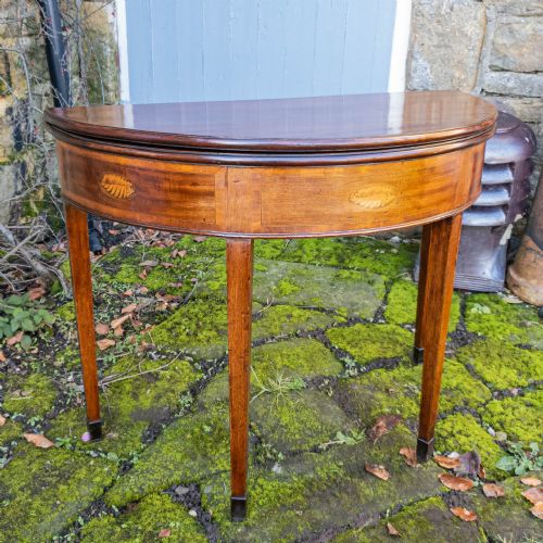 GEORGIAN DEMILUNE MARQUETRY INLAID MAHOGANY CONSOLE FOLDOVER TEA TABLE C1790 - ADDITIONAL PHOTO 6