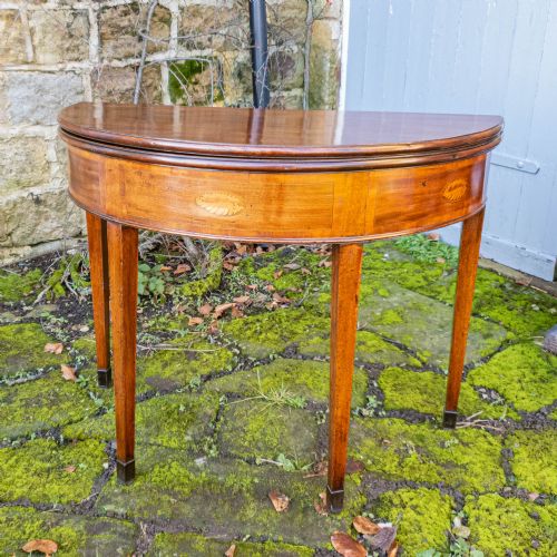 GEORGIAN DEMILUNE MARQUETRY INLAID MAHOGANY CONSOLE FOLDOVER TEA TABLE C1790 - ADDITIONAL PHOTO 7