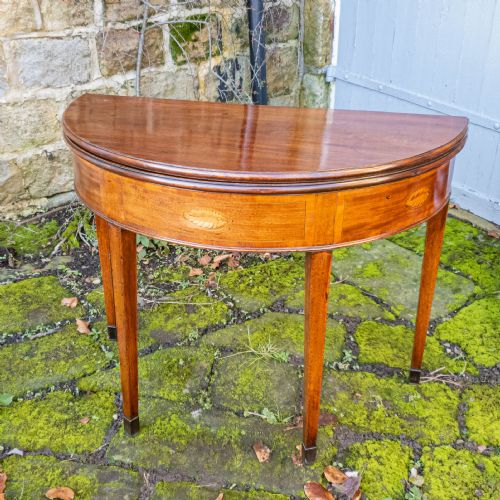GEORGIAN DEMILUNE MARQUETRY INLAID MAHOGANY CONSOLE FOLDOVER TEA TABLE C1790 - ADDITIONAL PHOTO 8