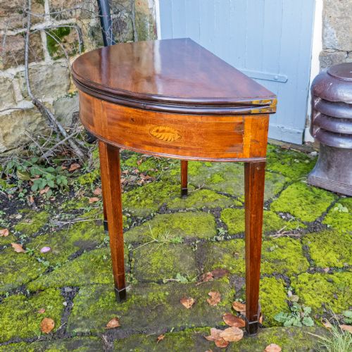 GEORGIAN DEMILUNE MARQUETRY INLAID MAHOGANY CONSOLE FOLDOVER TEA TABLE C1790 - ADDITIONAL PHOTO 10