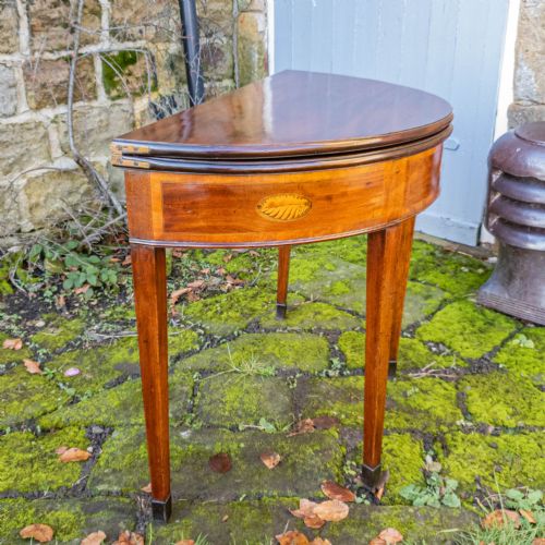 GEORGIAN DEMILUNE MARQUETRY INLAID MAHOGANY CONSOLE FOLDOVER TEA TABLE C1790 - ADDITIONAL PHOTO 11