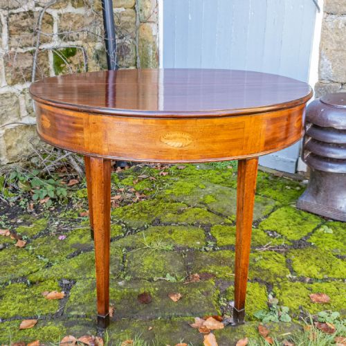 GEORGIAN DEMILUNE MARQUETRY INLAID MAHOGANY CONSOLE FOLDOVER TEA TABLE C1790 - ADDITIONAL PHOTO 14