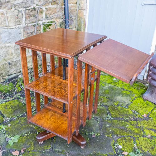 edwardian arts crafts oak revolving bookcase w adjustable reading shelf c1910 - CATEGORY: ANTIQUE BOOKCASES - DATED 1910