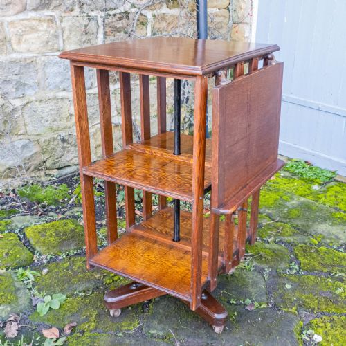 EDWARDIAN ARTS CRAFTS OAK REVOLVING BOOKCASE W ADJUSTABLE READING SHELF C1910 - ADDITIONAL PHOTO 2