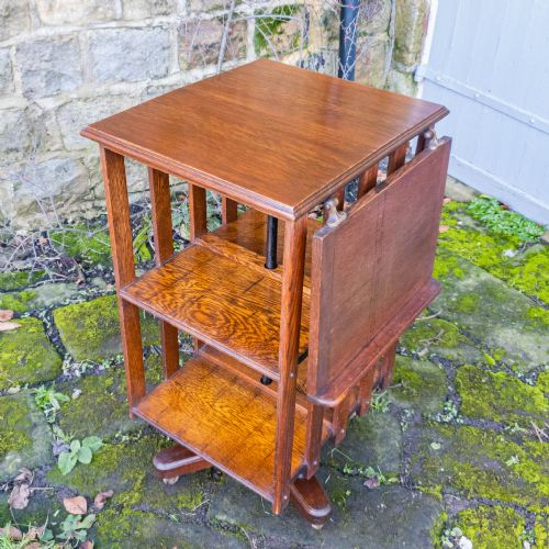 EDWARDIAN ARTS CRAFTS OAK REVOLVING BOOKCASE W ADJUSTABLE READING SHELF C1910 - ADDITIONAL PHOTO 3