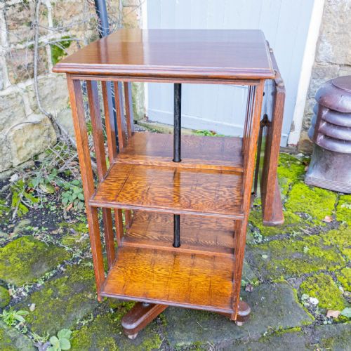 EDWARDIAN ARTS CRAFTS OAK REVOLVING BOOKCASE W ADJUSTABLE READING SHELF C1910 - ADDITIONAL PHOTO 4