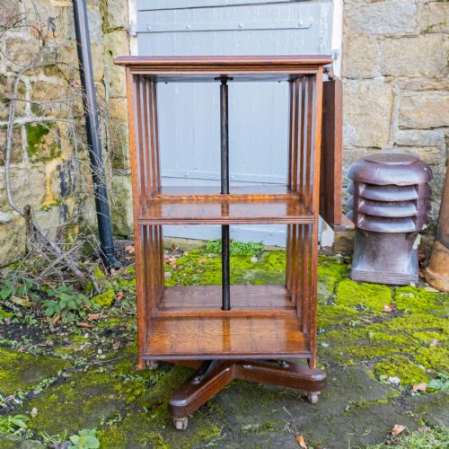 EDWARDIAN ARTS CRAFTS OAK REVOLVING BOOKCASE W ADJUSTABLE READING SHELF C1910 - ADDITIONAL PHOTO 7
