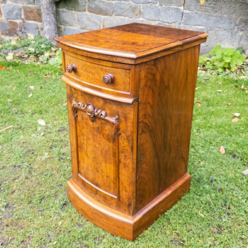 victorian burr walnut carved pedestal bedside cabinet c1870 table - CATEGORY: ANTIQUE CUPBOARDS - DATED 1870