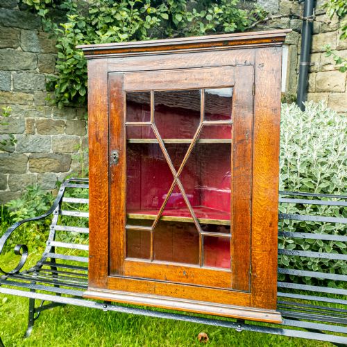 GEORGIAN ASTRAGAL GLAZED OAK WALL HANGING CORNER CABINET C1775 GEORGE III - ADDITIONAL PHOTO 1