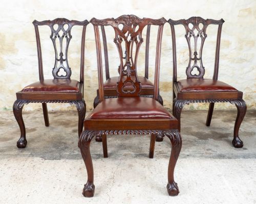 SET OF 4 CHIPPENDALE REVIVAL MAHOGANY LEATHER UPHOLSTERED DINING CHAIRS - ADDITIONAL PHOTO 1
