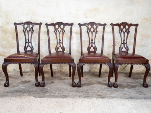 SET OF 4 CHIPPENDALE REVIVAL MAHOGANY LEATHER UPHOLSTERED DINING CHAIRS - ADDITIONAL PHOTO 5