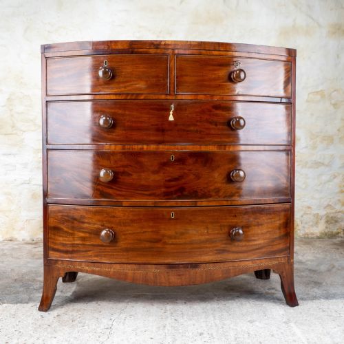 regency mahogany inlaid bow front chest of drawers - CATEGORY: ANTIQUE CHEST OF DRAWERS - DATED REGENCY