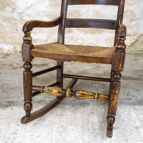 C19TH ELM ASH COUNTRY LADDERBACK ROCKING ARMCHAIR - ADDITIONAL PHOTO 4