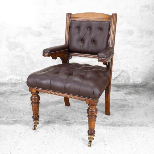 c19th oak leather upholstered desk library armchair victorian - CATEGORY: ANTIQUE CHAIRS - DATED VICTORIAN