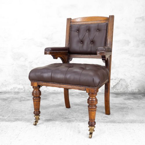 C19TH OAK LEATHER UPHOLSTERED DESK LIBRARY ARMCHAIR VICTORIAN - ADDITIONAL PHOTO 1