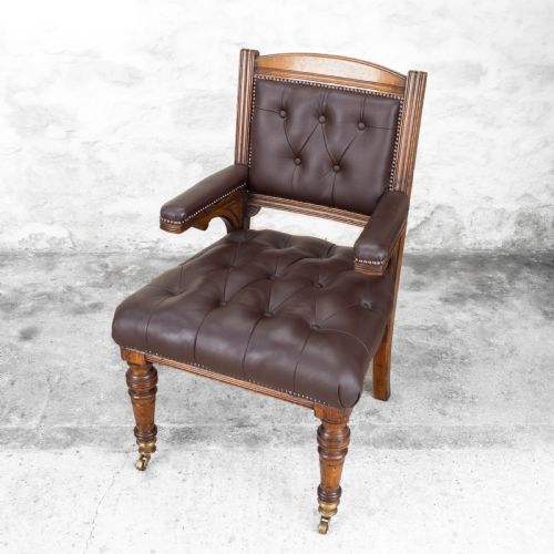 C19TH OAK LEATHER UPHOLSTERED DESK LIBRARY ARMCHAIR VICTORIAN - ADDITIONAL PHOTO 2