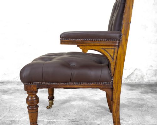 C19TH OAK LEATHER UPHOLSTERED DESK LIBRARY ARMCHAIR VICTORIAN - ADDITIONAL PHOTO 4