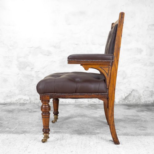 C19TH OAK LEATHER UPHOLSTERED DESK LIBRARY ARMCHAIR VICTORIAN - ADDITIONAL PHOTO 5