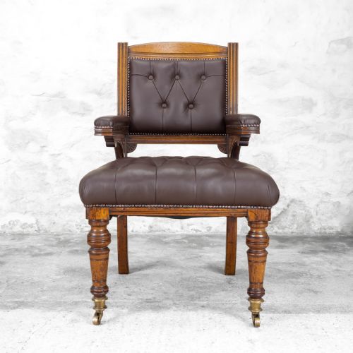 C19TH OAK LEATHER UPHOLSTERED DESK LIBRARY ARMCHAIR VICTORIAN - ADDITIONAL PHOTO 7
