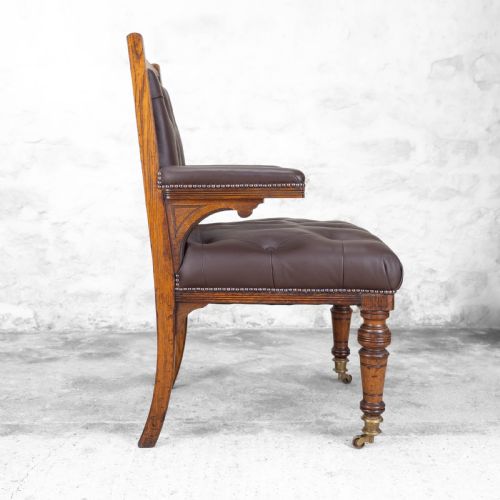C19TH OAK LEATHER UPHOLSTERED DESK LIBRARY ARMCHAIR VICTORIAN - ADDITIONAL PHOTO 8