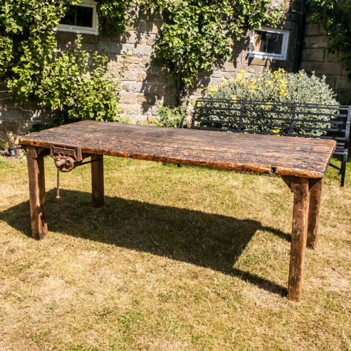 reclaimed timber early c20th workbench vice industrial table - CATEGORY: ANTIQUE FURNITURE - DATED 1920
