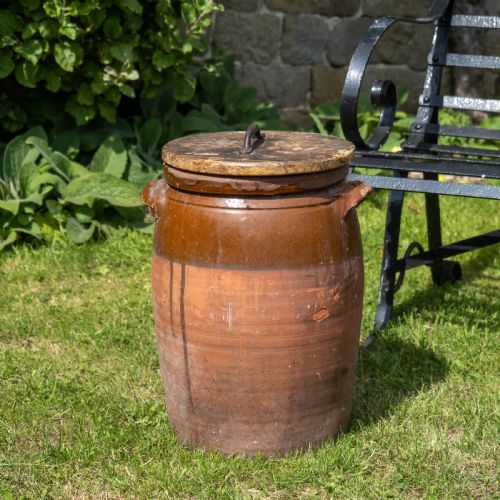 A C19th Rustic Large Earthenware Storage Jar / Bread Crock with Lid