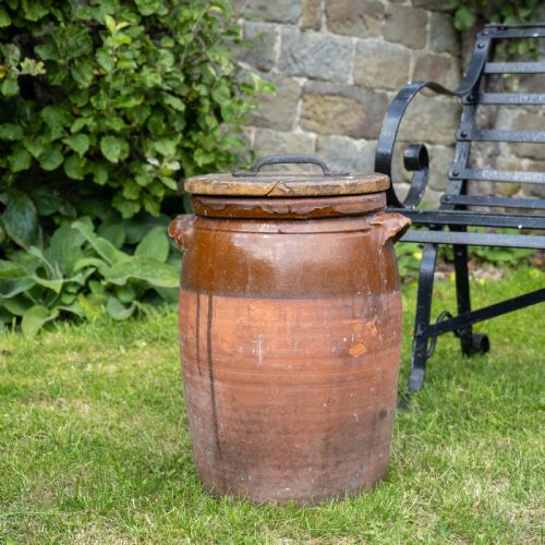fig 1. A C19th Rustic Large Earthenware Storage Jar / Bread Crock with Lid