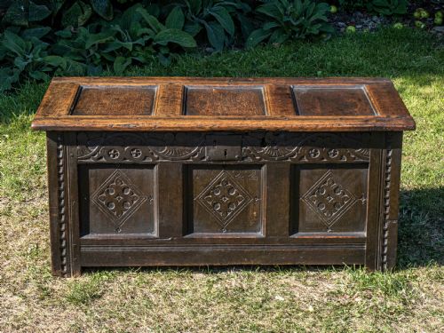 yorkshire small carved oak panelled coffer dated 1722 - CATEGORY: ANTIQUE CHESTS - DATED 18TH CENTURY