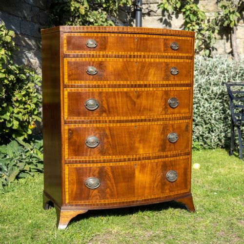 georgian style bow front crossbanded mahogany 5 height chest of drawers c1900 - CATEGORY: ANTIQUE CHEST OF DRAWERS - DATED 1900