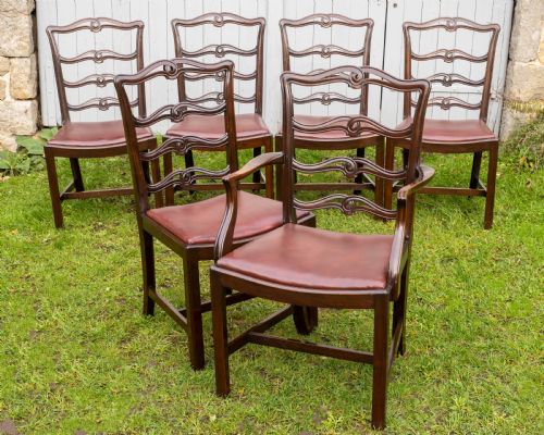 CHIPPENDALE REVIVAL SET OF 6 MAHOGANY LEATHER UPHOLSTERED DINING CHAIRS - ADDITIONAL PHOTO 1