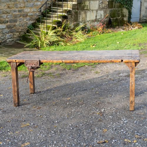 reclaimed timber early c20th workbench industrial table with vice - CATEGORY: ANTIQUE TABLES - DATED 1910