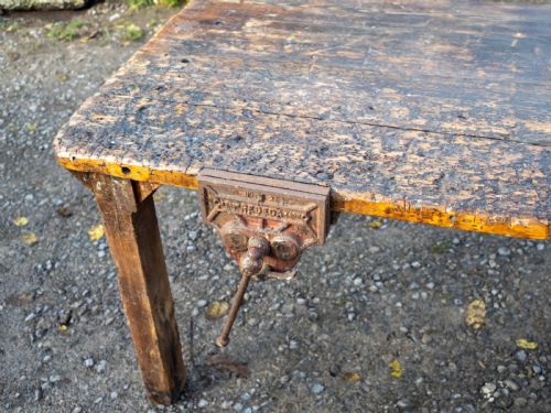 RECLAIMED TIMBER EARLY C20TH WORKBENCH INDUSTRIAL TABLE WITH VICE - ADDITIONAL PHOTO 1