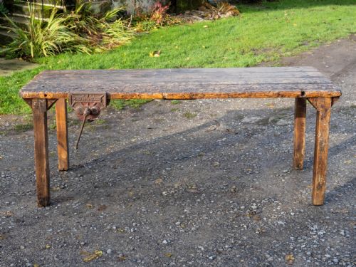 RECLAIMED TIMBER EARLY C20TH WORKBENCH INDUSTRIAL TABLE WITH VICE - ADDITIONAL PHOTO 2