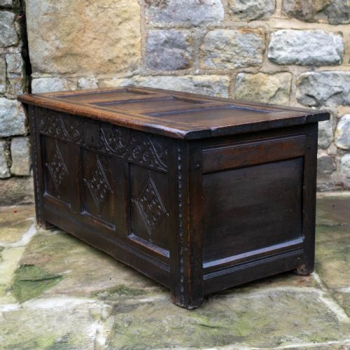 GEORGE I OAK SMALL PANELLED CARVED YORKSHIRE COFFER C1722 CHEST OR KIST - ADDITIONAL PHOTO 13