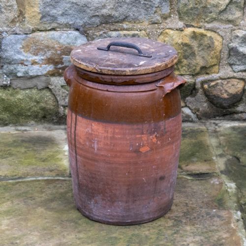 c19th large rustic earthenware storage jar bread crock with lid - CATEGORY: ANTIQUE CERAMICS - DATED 19TH CENTURY