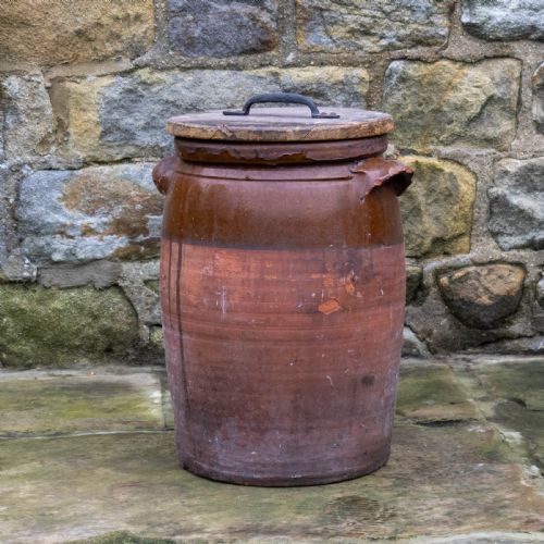 C19TH LARGE RUSTIC EARTHENWARE STORAGE JAR BREAD CROCK WITH LID - ADDITIONAL PHOTO 1